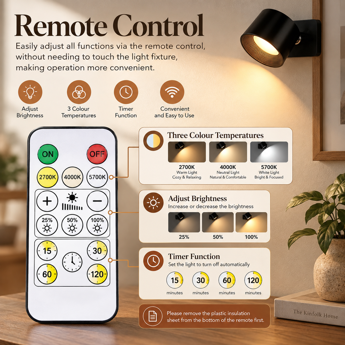 Remote control: three color temperatures, brightness levels and a 15 to 120 minute timer