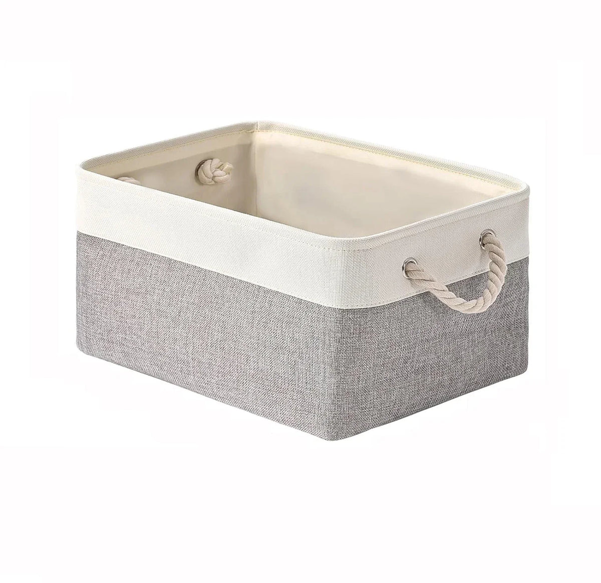 Foldable storage basket in white and gray with rope handles
