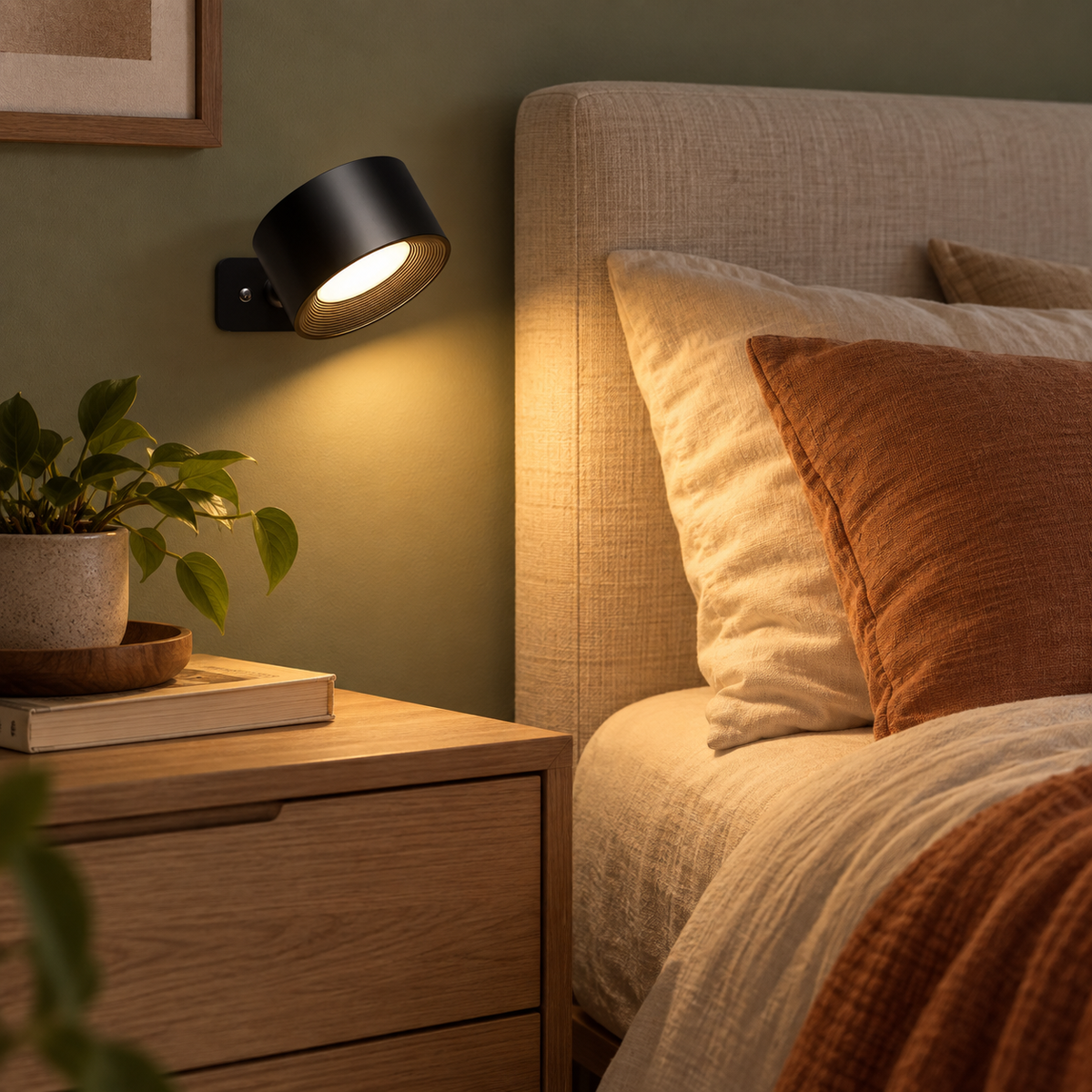Wall lamp mounted beside a bed as a cordless reading light, warm glow