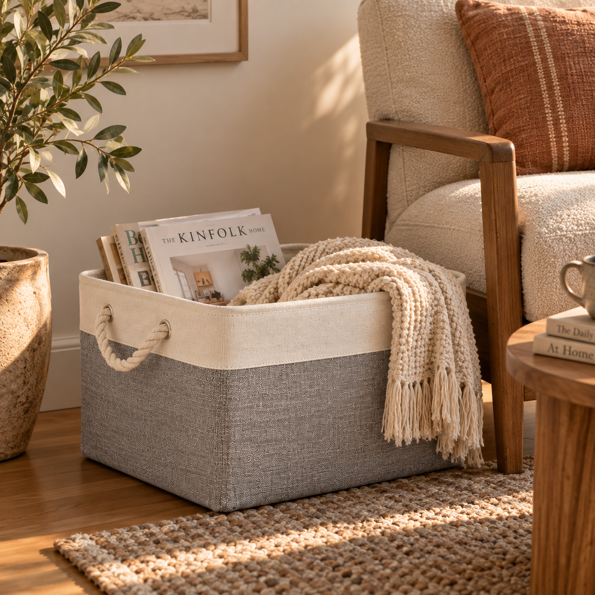 Basket in a cozy reading nook with books and a throw