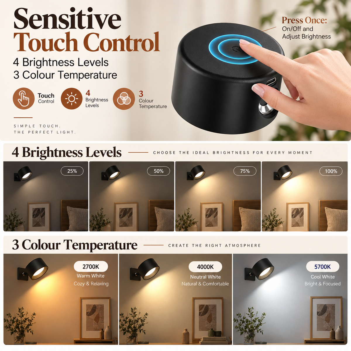 Touch control on top of the lamp: on and off, brightness and color temperature